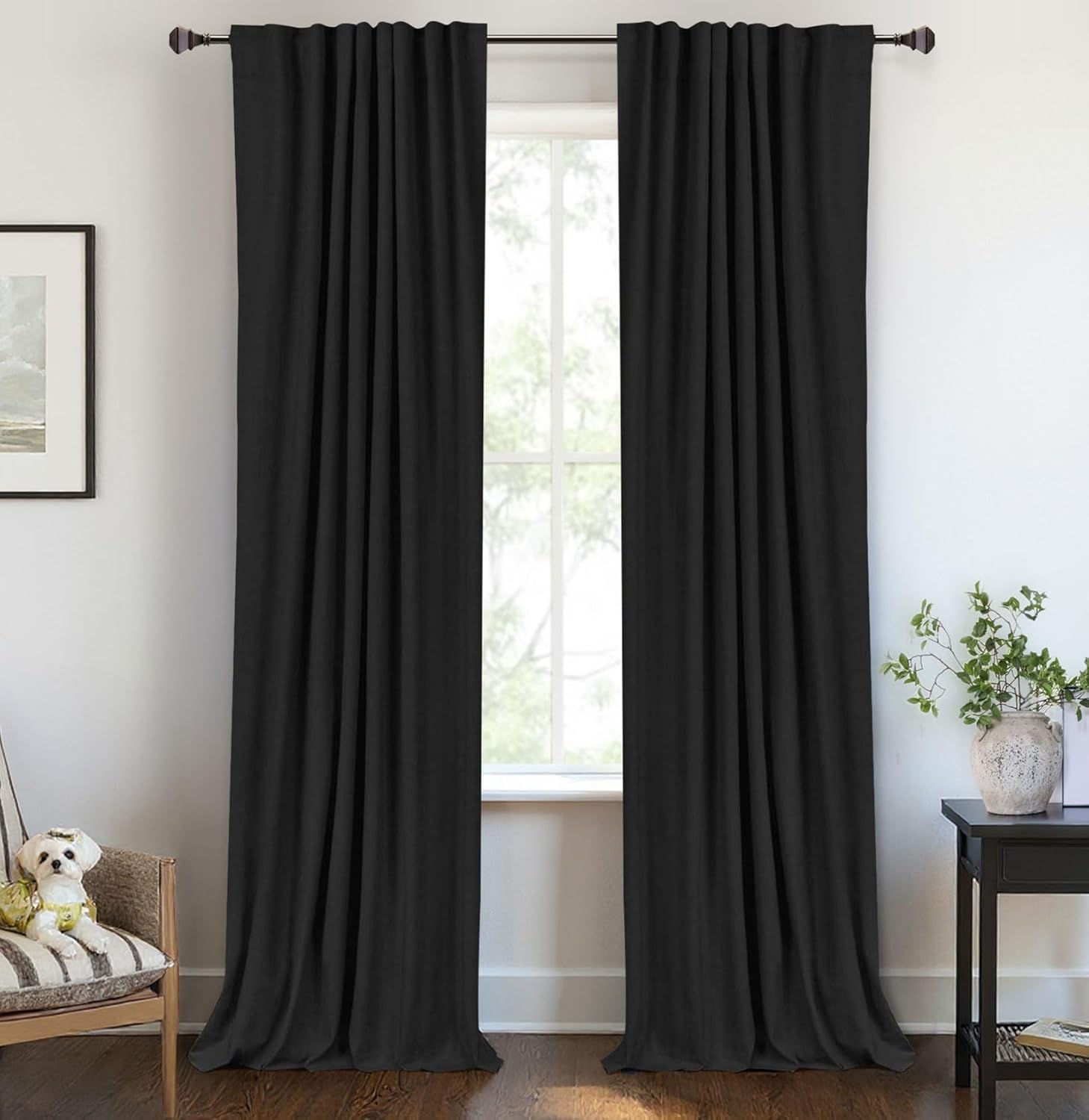 Skiennix 100% Blackout Linen Curtains - Thermal Insulated Drapes for Bedroom | 84" Long, Black, 2 Panels Set