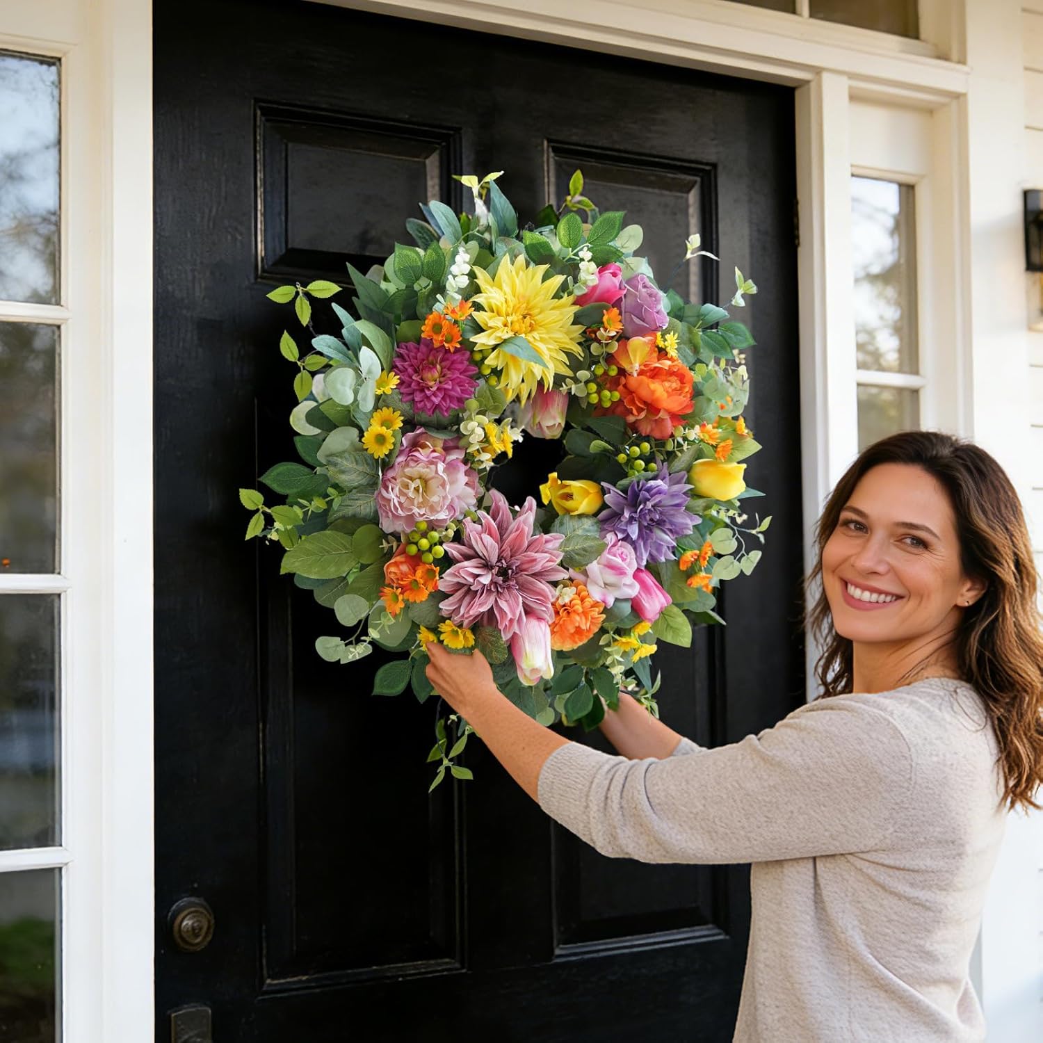 Skiennix 24-Inch Spring Summer Wreath - Luxury Colorful Floral Design with Chrysanthemums, Roses & Tulips
