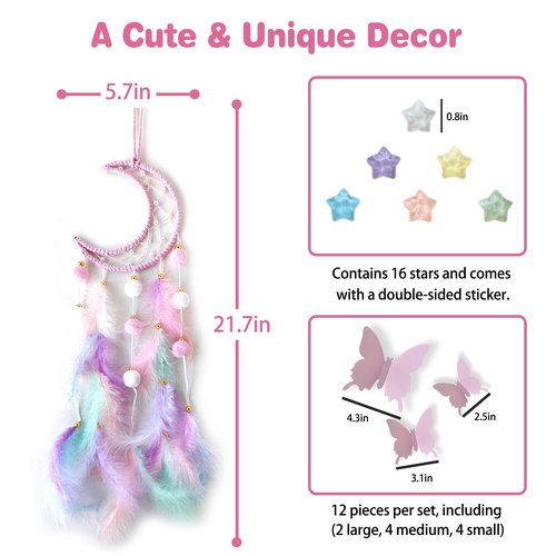 Fun-Plus Pink Dream Catcher Wall Hanging Set - 10 Butterflies & 16 Stars, Boho Room Decor for Girls, Easy Peel & Stick Wall Art for Bedroom, Nursery, Teen Room for Daughter, Birthday, Christmas