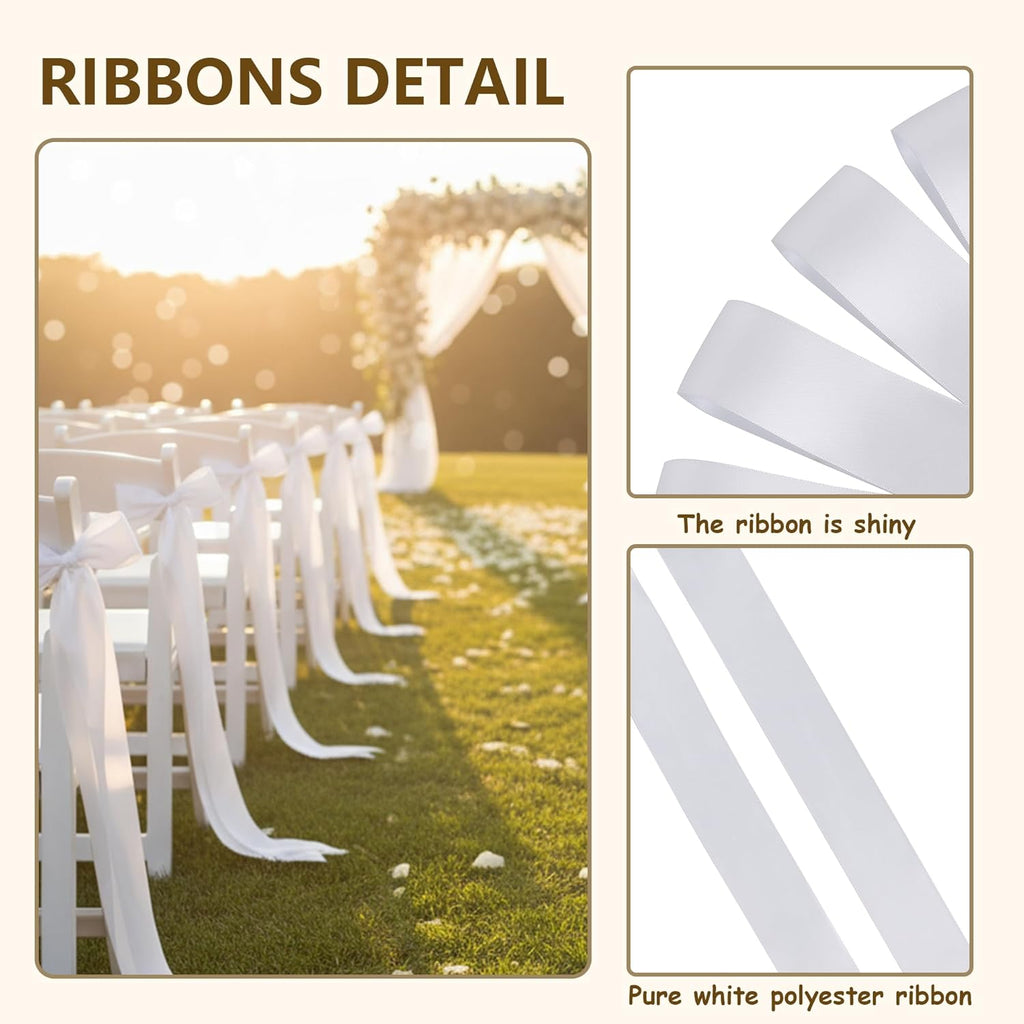 Skiennix Wedding Ribbons - 30 Pcs Satin Chair Sashes for Aisle & Pew Decorations | 90.55"x1.96" White