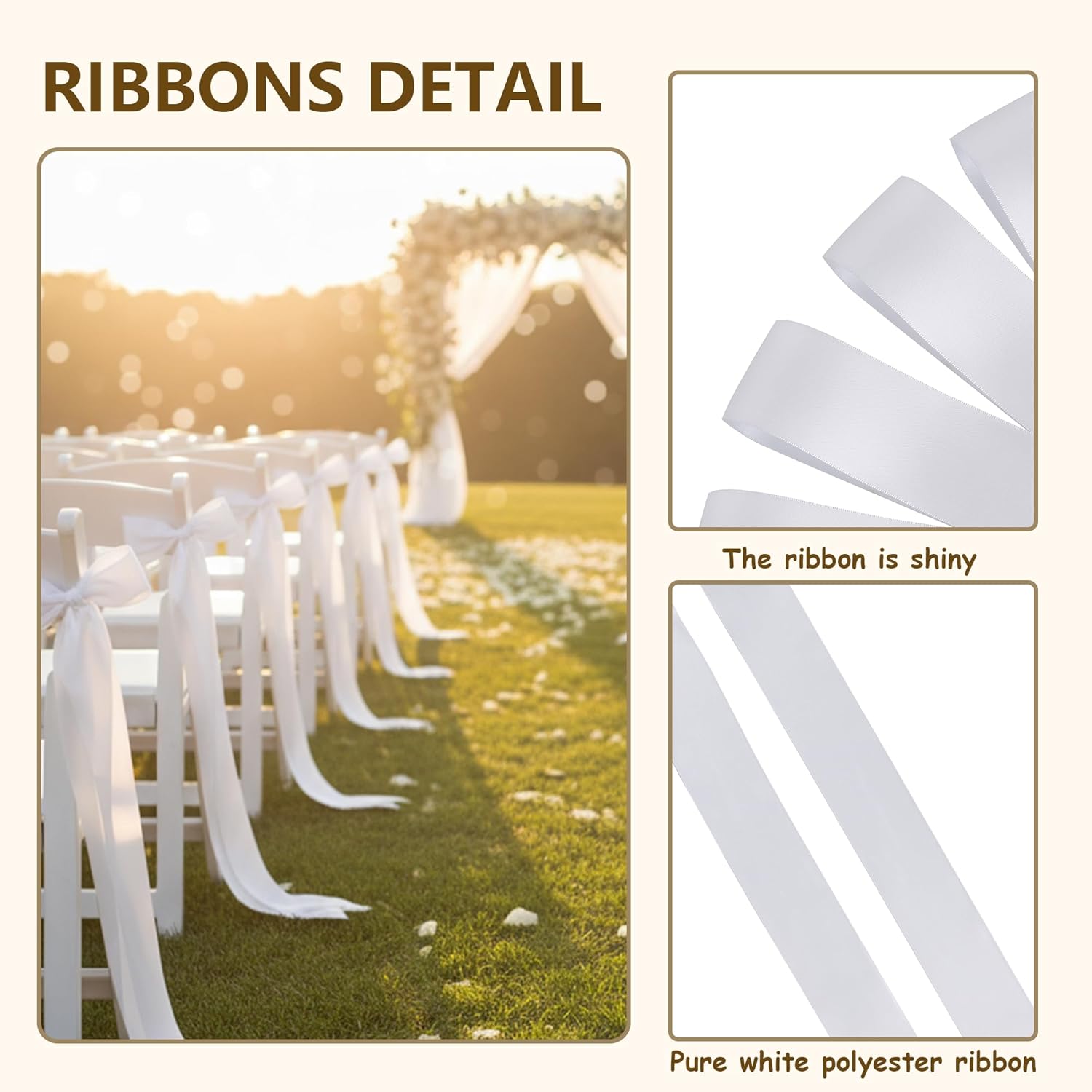 Skiennix Wedding Ribbons - 30 Pcs Satin Chair Sashes for Aisle & Pew Decorations | 90.55"x1.96" White