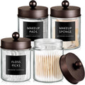 SheeChung Qtip Dispenser Holder Set - 4 Glass Apothecary Jars with Bronze Lids & Stickers | Bathroom Organizer