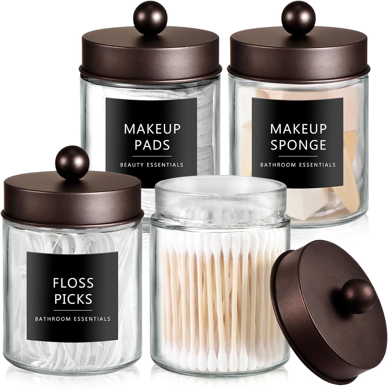 SheeChung Qtip Dispenser Holder Set - 4 Glass Apothecary Jars with Bronze Lids & Stickers | Bathroom Organizer