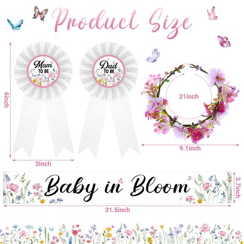Ceenna Wildflower Baby Shower Decorations Baby in Bloom Floral Mom to Be Sash and Dad to Be Pin Flower Crown for Gender Reveals Shower Party Favors Pregnancy Mommy Dress Gift