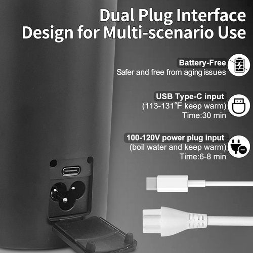 Portable Travel Electric Kettle with Plug-in Boiling & Keeps Warm via USB, 4 Temperature Settings, 304 Stainless Steel with Auto Shut-off 16oz(Black）