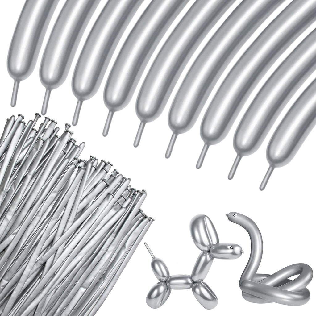 Skiennix Metallic Silver Balloons - 100 Pcs Long Skinny Latex Twisting Balloons for Animal Modeling | Perfect for Christmas & Birthday Parties