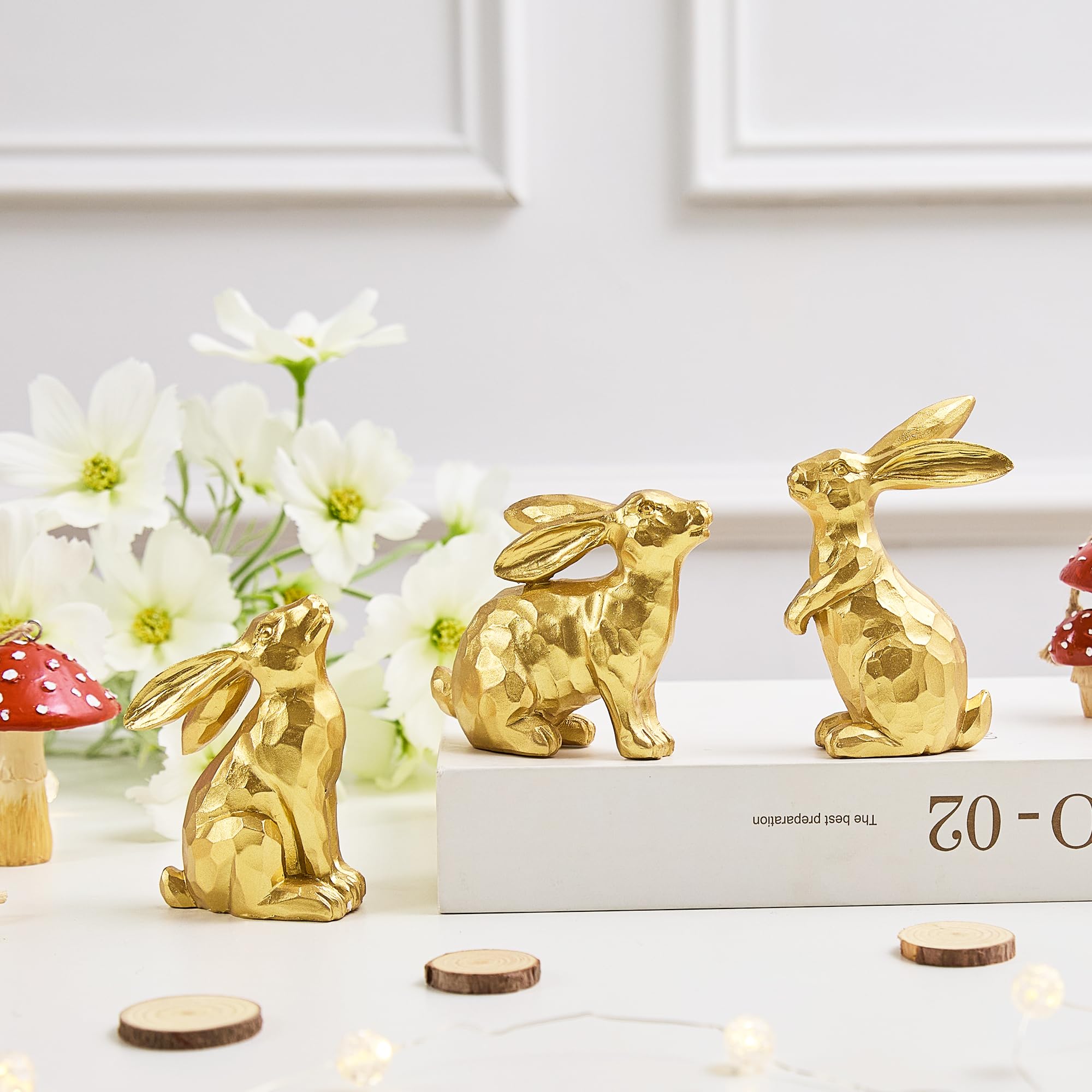 yumhum 3 Gold Easter Bunny Decorations, Resin Rabbit Figurine Small Decorative Bunny Statues for Tabletop Centerpiece Indoor Spring Easter Decor Mantle Decorations
