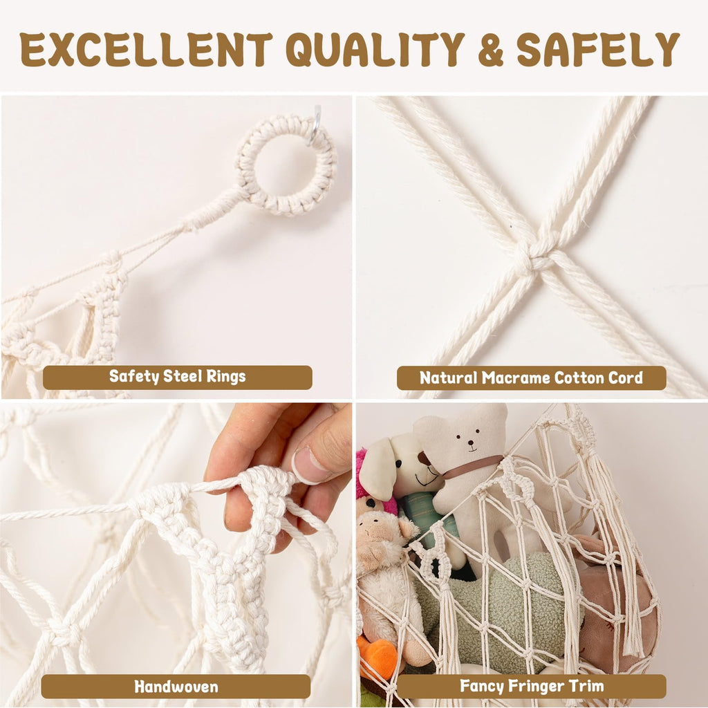 MKO SHUN Large Stuffed Animal Hammock, 59'' L Wall Hanging Net for Stuffed Animal Storage, Boho Macrame Toy Net Hammock for Kids Girls Bedroom Playroom Nursery Decor Plushie Teddy Bear Storage - Cream