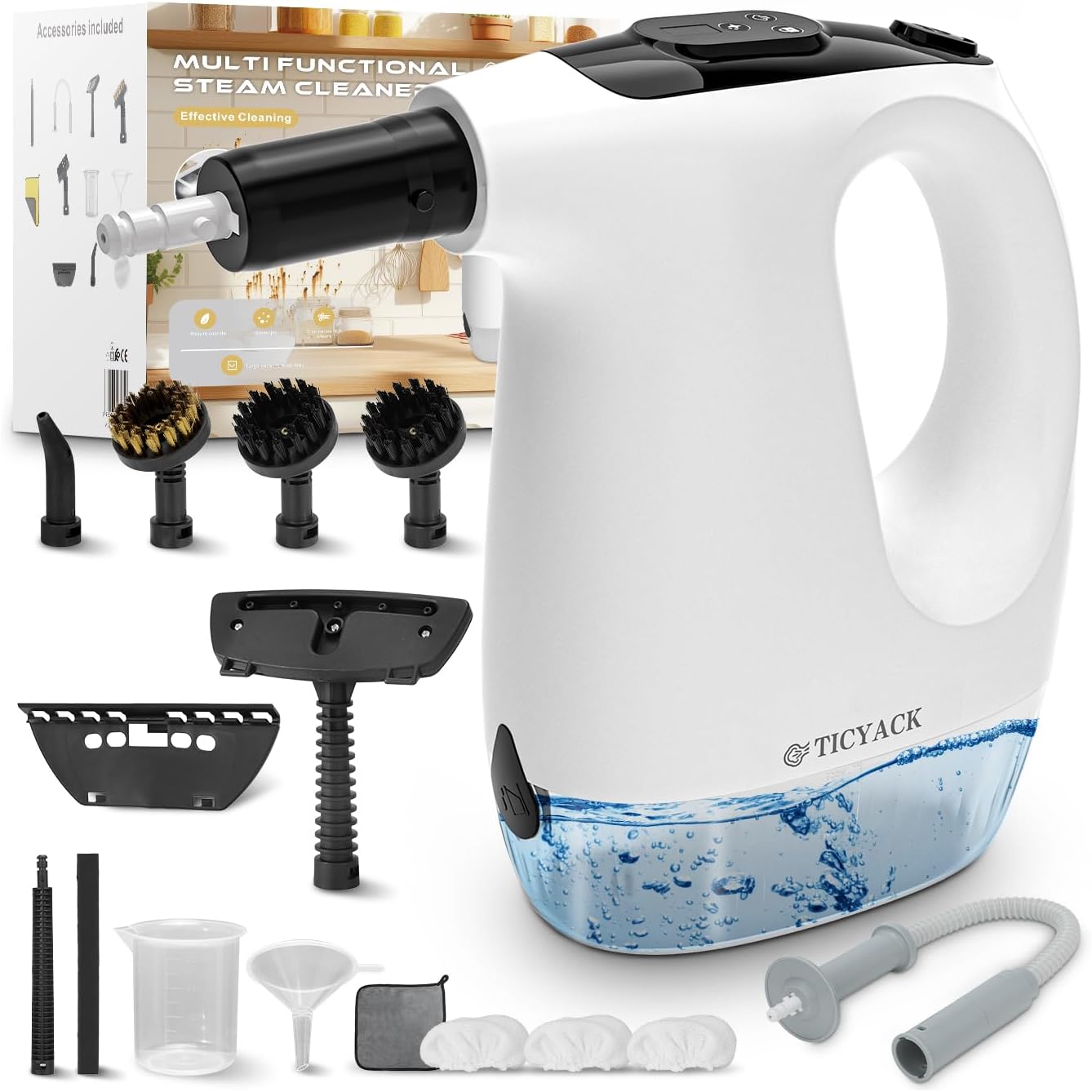 TICYACK Handheld Steam Cleaner, 15S Rapid Heating, 3 Adjustable Modes, 14 Cleaning Kits, Steam Cleaner for Home, Kitchen, Bathroom, Car(White)
