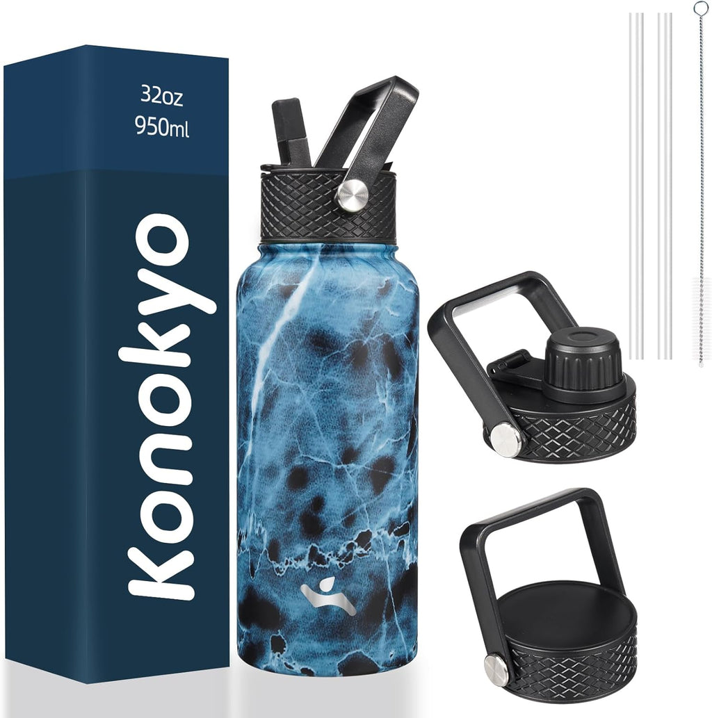 Skiennix 32 oz Insulated Stainless Steel Water Bottle - Marble Ocean Finish with 3 Lids
