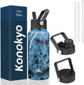Skiennix 32 oz Insulated Stainless Steel Water Bottle - Marble Ocean Finish with 3 Lids
