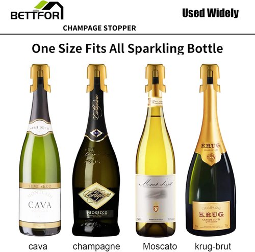 Champagne Stoppers with Stainless Steel Champagne Saver with Food Grade Silicone Leak proof Keep Fresh Suitable for Champagne, Cava, Prosecco and Sparkling (Gold, 4 Pack)