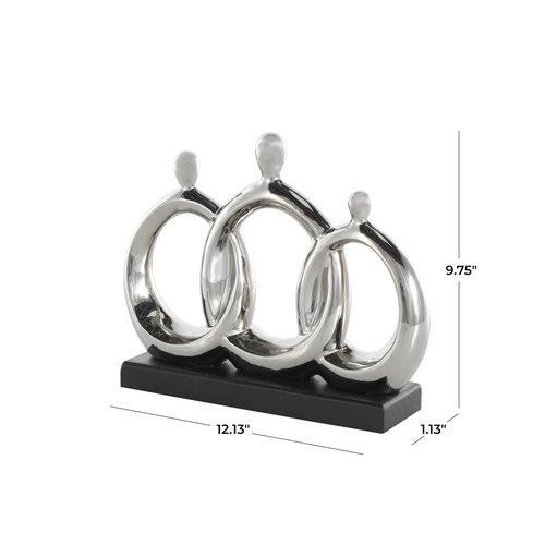 Deco 79 Ceramic Family 3 Figure Sculpture with Black Rectangular Base, 12" x 1" x 10", Silver