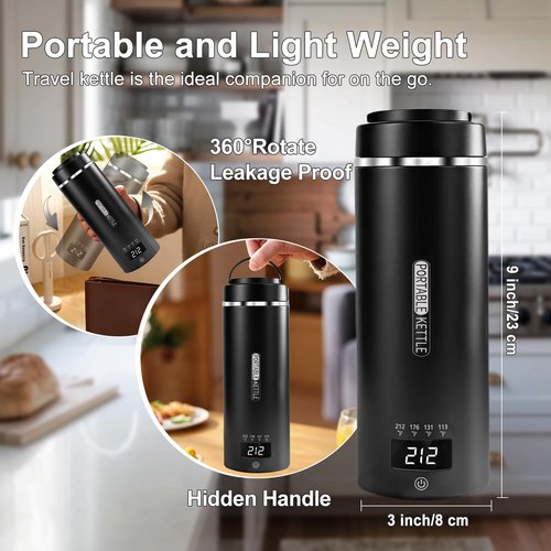 Portable Travel Electric Kettle with Plug-in Boiling & Keeps Warm via USB, 4 Temperature Settings, 304 Stainless Steel with Auto Shut-off 16oz(Black）