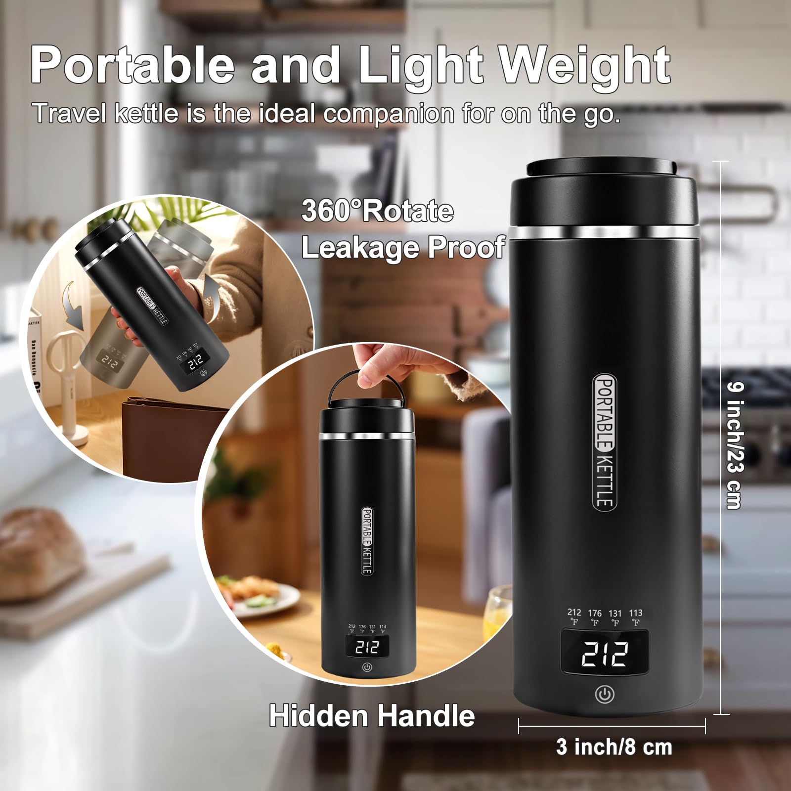 Travel Kettle, Portable Electric Kettle with 4 Temperature Controls, 304 Stainless Steel with Auto Shut-off, Black(120V)
