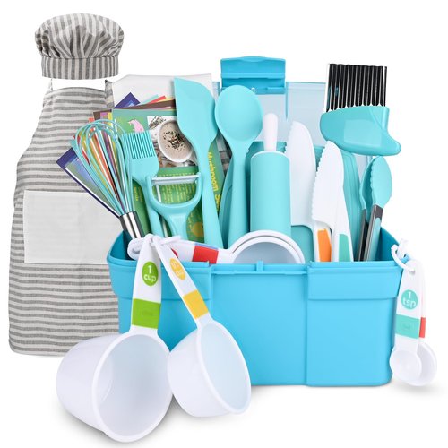 Kinggrand Kitchen Kids Cooking and Baking Set with Storage Case Real Cooking Supplies with Cookbook Knives Apron Chef Hat Kids Cooking Utensils for Girls Boys