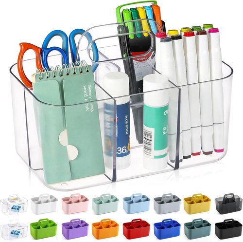 Multiuse Caddy Organizer by [Brand Name] - Portable Divided Plastic Tote for Art, Makeup & Office Supplies - Clear