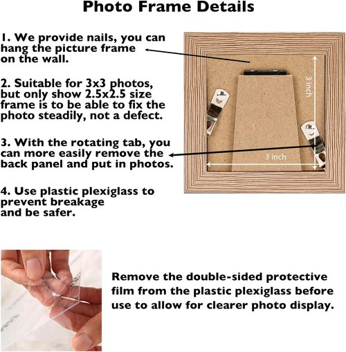 JCJMY 3x3 Picture Frame - Rustic Brown Square Photo Frame with Shatter-Resistant Plexiglass