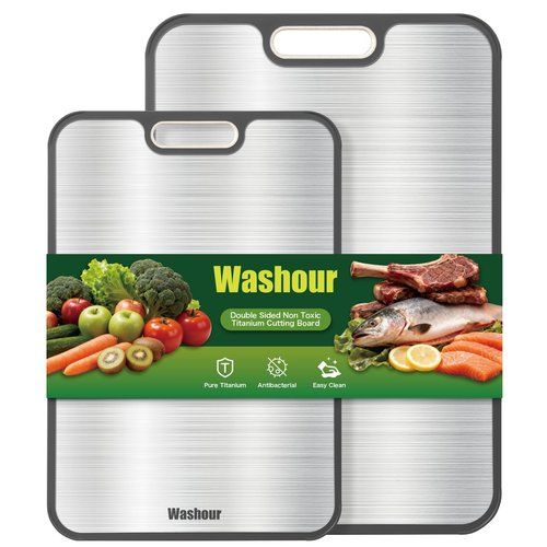Washour Titanium Cutting Boards for Kitchen, Non Toxic 2-in-1 Cutting Board Double Sided, Food Grade Chopping Boards Set for Fresh Meat Vegetable, Easy to Clean Large Size (18”+16”)