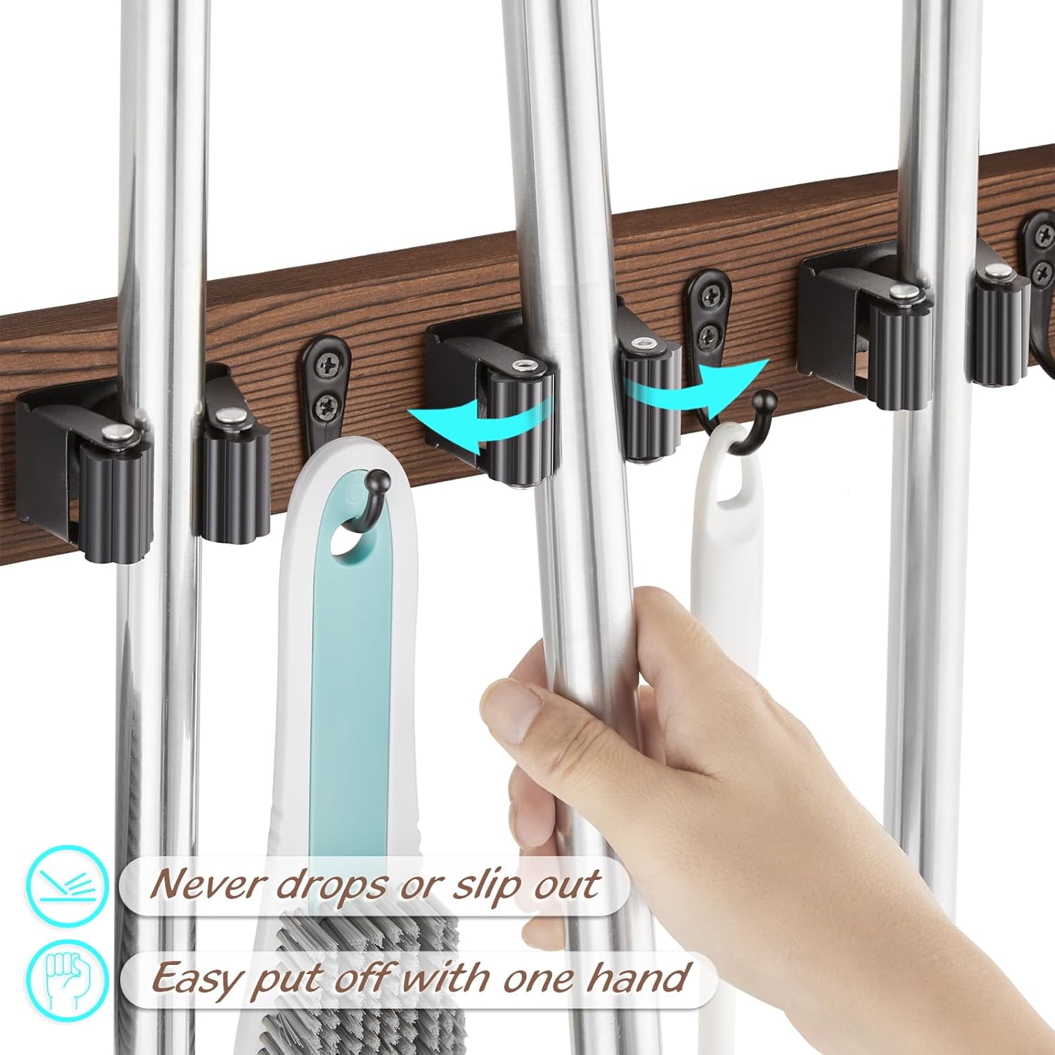 OUTNILI Mop Broom Holder Wall Mount - 2 Pack Rustic Wood Organizer with 3 Slots & 4 Hooks for Kitchen & Garden