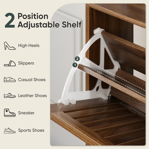 Smart FENDEE Shoe Cabinet with 2 Flip Slatted Drawers, Farmhouse Slim Shoe Organizer Rack with Golden Handles, Freestanding Hidden Entryway Storage for Hallway, Walnut