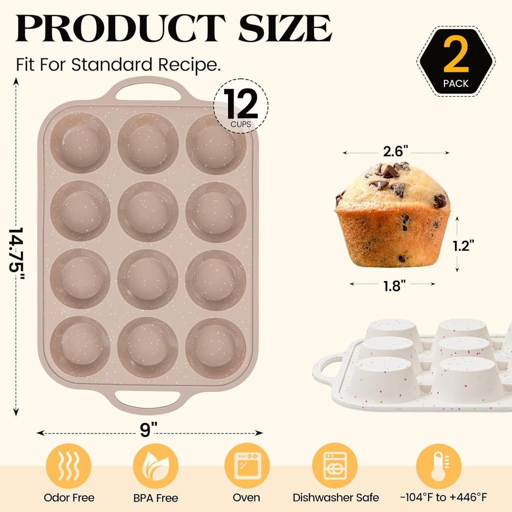 Vinino Silicone Muffin Pans - 2-Pack Nonstick Baking Molds with Metal Reinforced Frame | 12 Cups, BPA Free