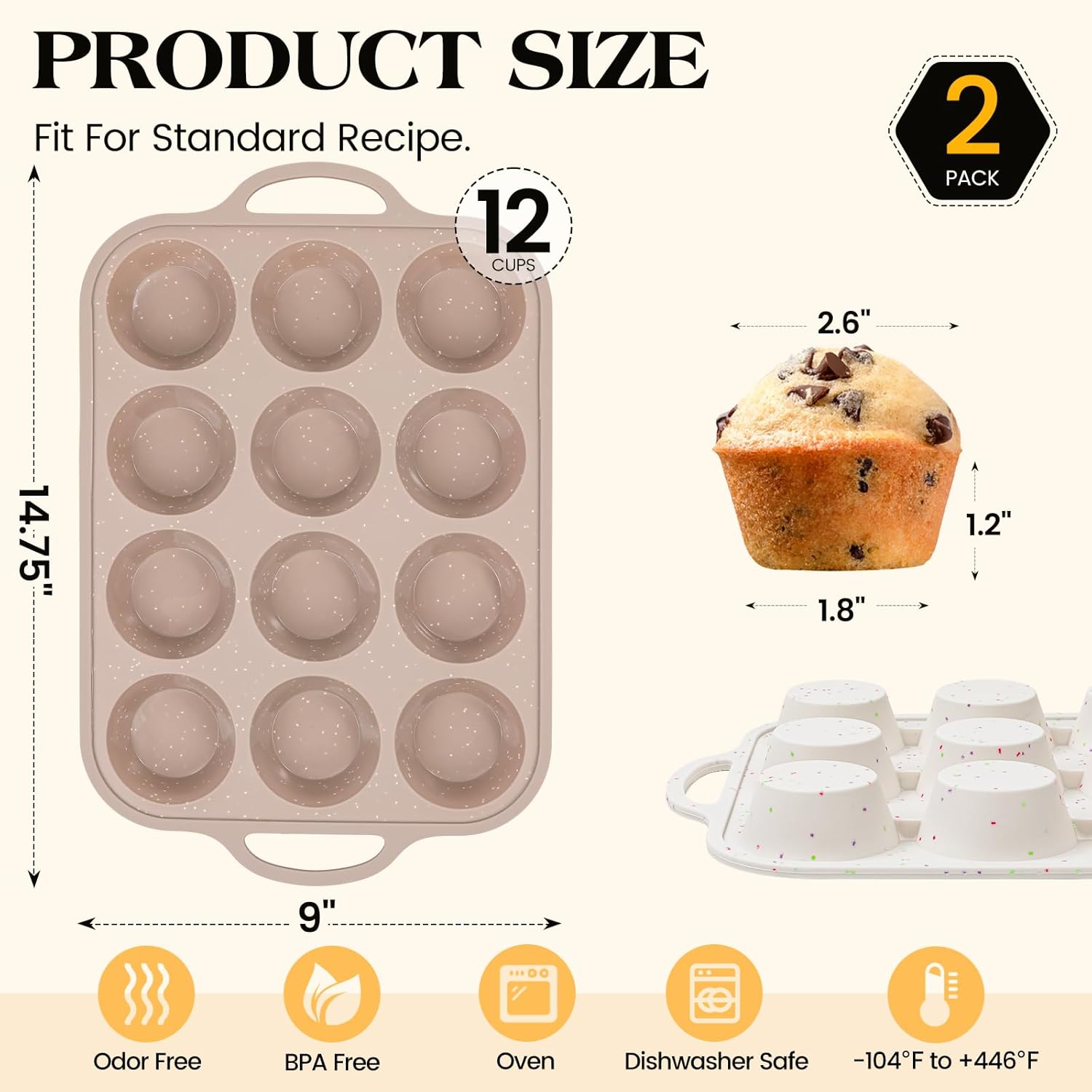 Vinino Silicone Muffin Pans - 2-Pack Nonstick Baking Molds with Metal Reinforced Frame | 12 Cups, BPA Free