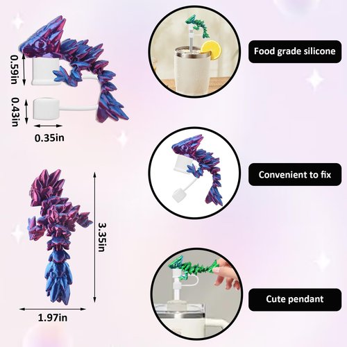 Habbiful 2 PCS Dragon Straw Toppers for Stanley Cups Silicone 3D Printed Dragon Straw Covers Compatible with Stanley 30 & 40oz Cup Accessories for Gifts Birthday Party Decoration