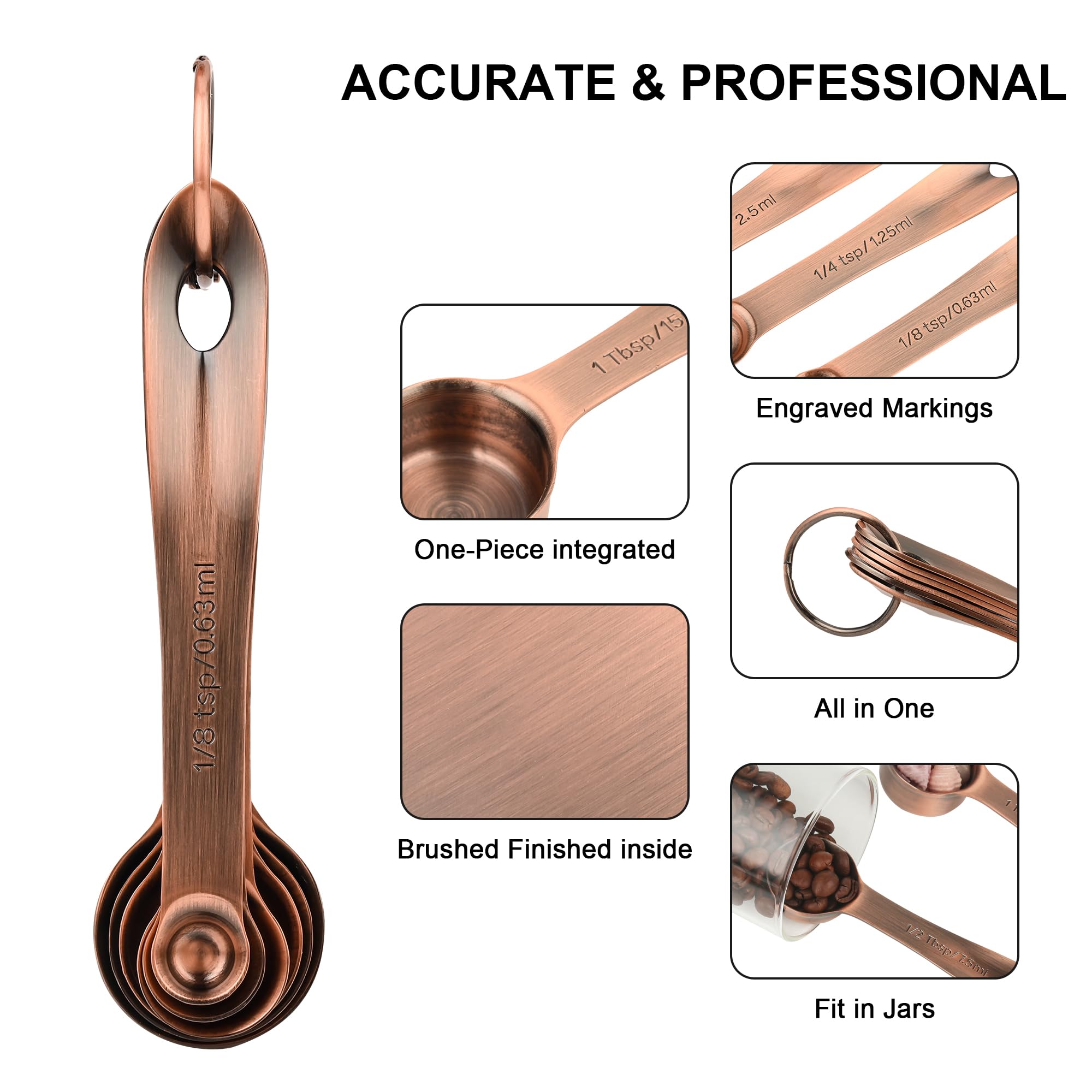Viwehots Copper Measuring Cups and Spoons Set 16, Dry&Liquid Stainless Steel Measuring Cups and Spoons, 7 Metric&US Measing Cups & 6 Measuring Spoons & Measure Equivalents for Kitchen&Baking