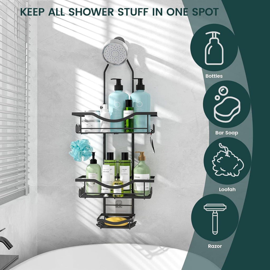Shower Caddy - Adjustable Rustproof Organizer with Hooks | Large Capacity Black Shower Storage