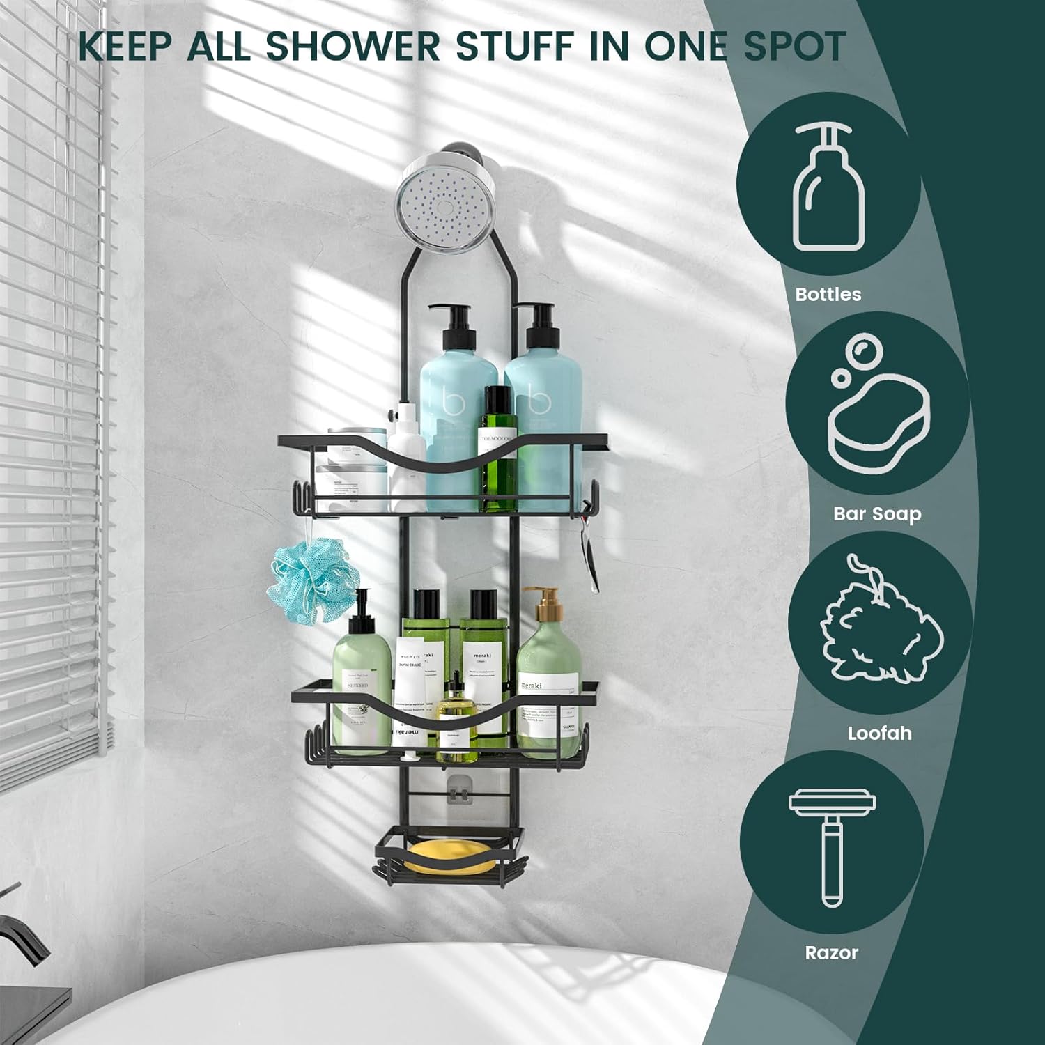 Shower Caddy - Adjustable Rustproof Organizer with Hooks | Large Capacity Black Shower Storage