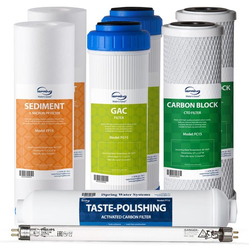iSpring F8U NSF Certified 1-Year Replacement Filter Cartridge Set for 6-Stage Reverse Osmosis RO Water Filtration Systems with UV, Fits iSpring RCC7U RCC1UP, Without RO Membrane