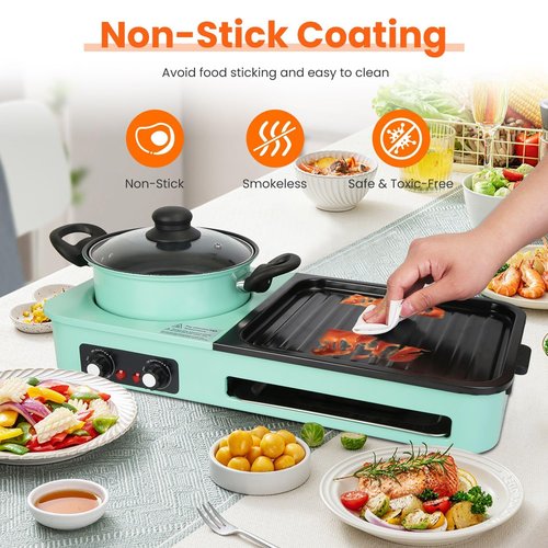 TeqHome Electric Hot Pot with Grill,1600W 3-in-1 Smokeless Raclette Table Grill for Kitchen, Barbecue Shabu Hot Pot with Non-Stick Cooking Removable Plate,Dual Temperature Control & Dishwasher Safe