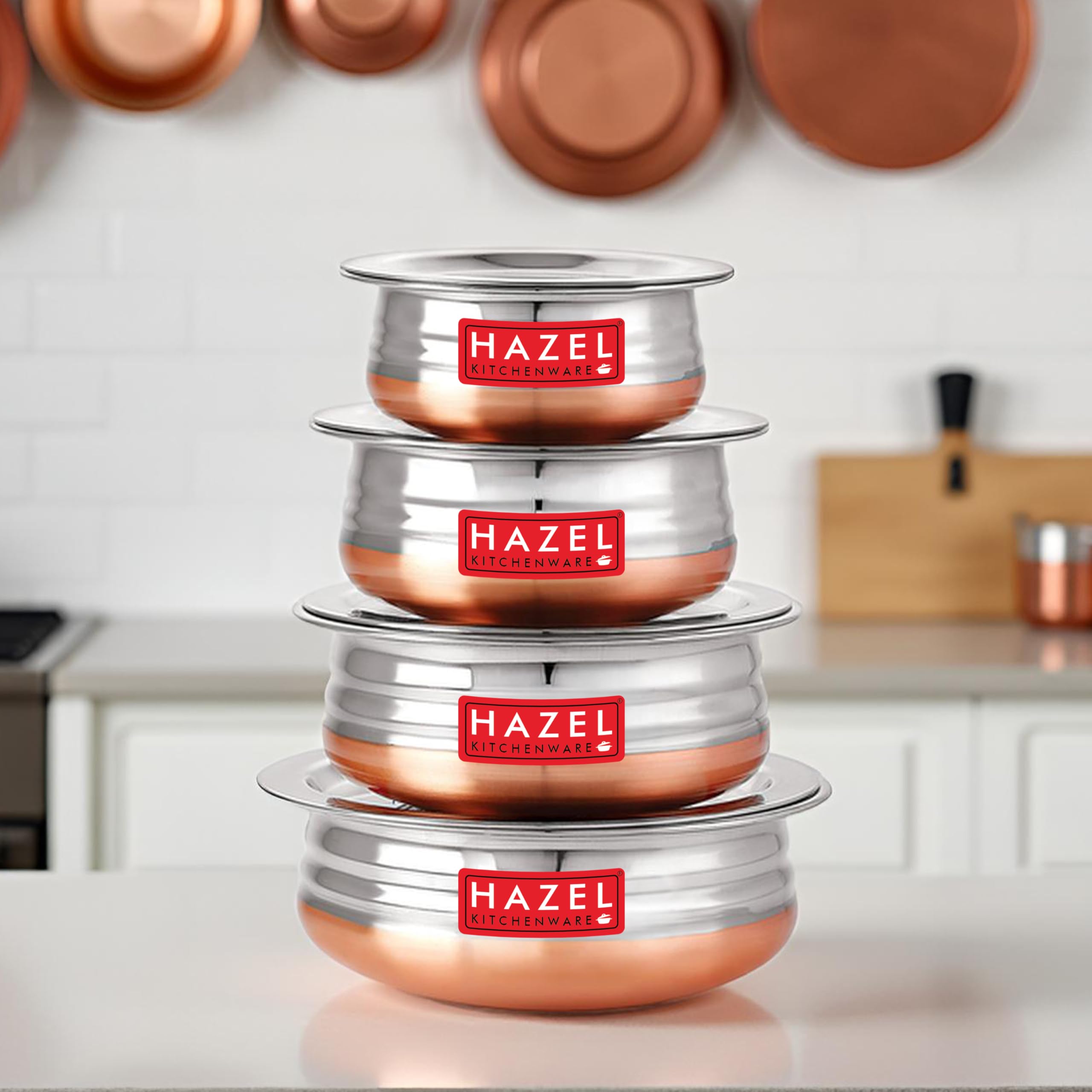 HAZEL Stainless Steel Copper Bottom Pot Handi with Lid | Urli Vessel Cooking Stainless Steel | Serving Tope Handi | Serveware set of 5 (600 ml, 900 ml, 1200 ml, 1500 ml, 1800 ml) | 3 Months Warrenty