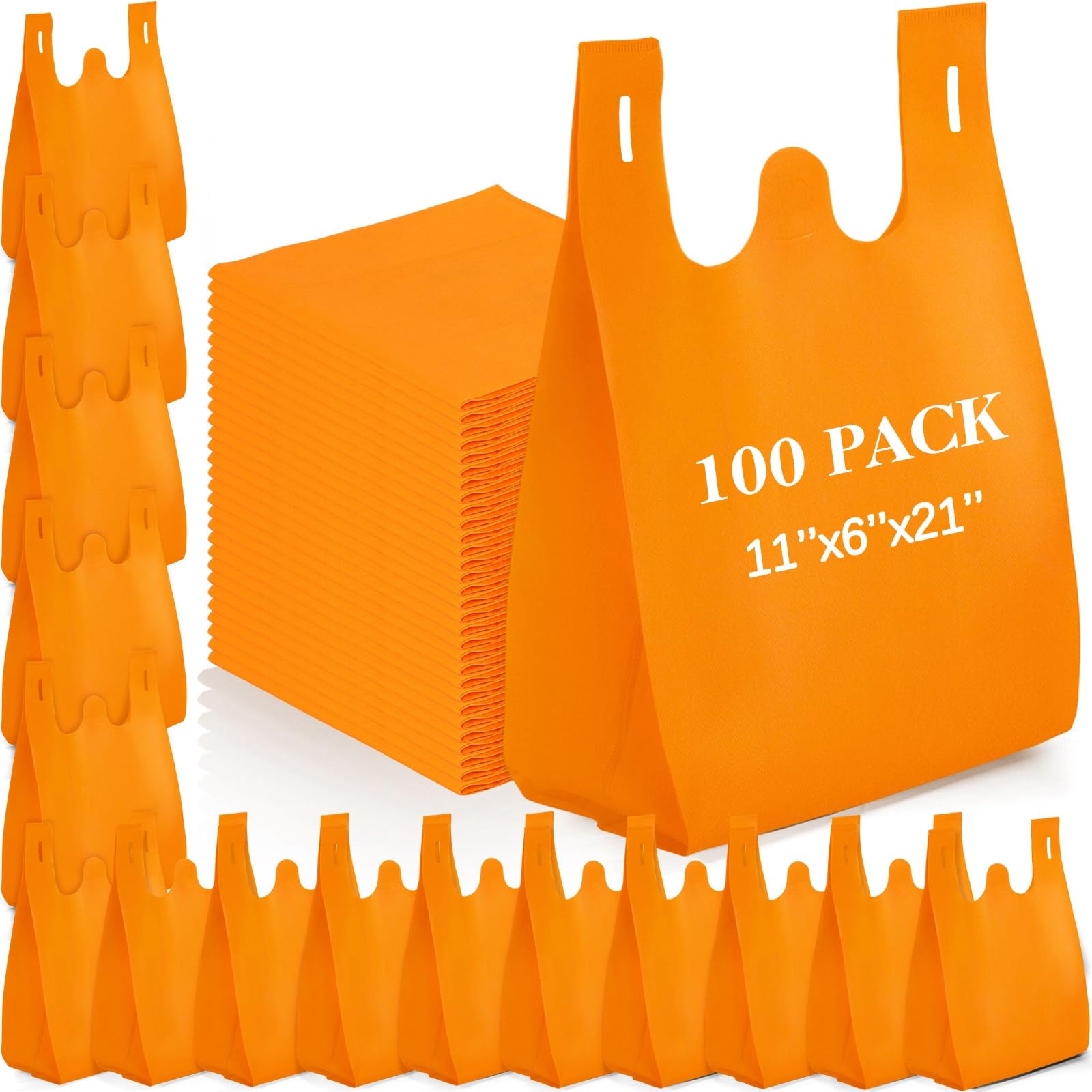Windyun Large Grocery T-shirt Bags Bulk Reusable Non Woven Shopping Bag Foldable Gift Tote with Handle, 21x11x6 Inch(200 Pcs,Orange)