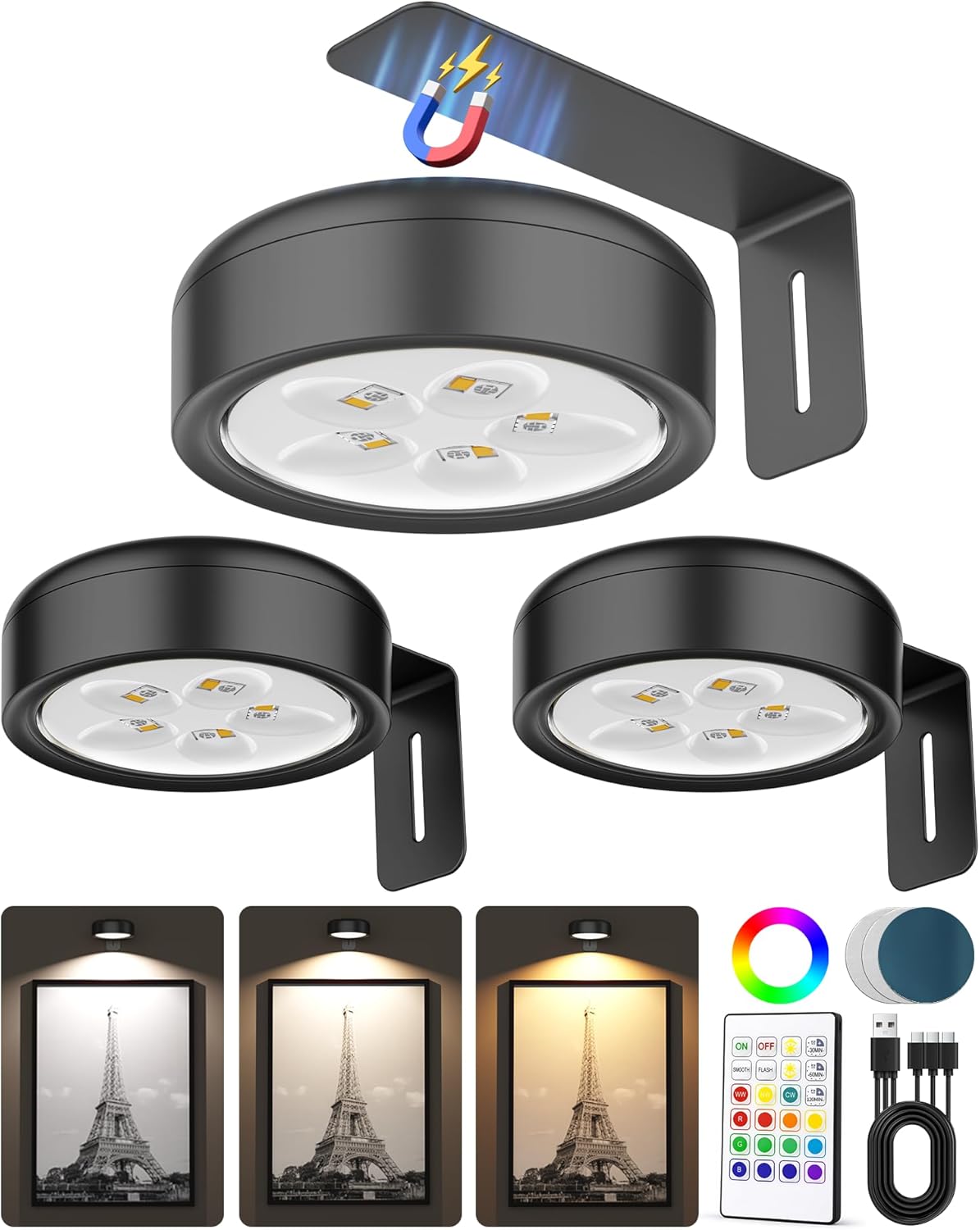 Skiennix 3-Pack Wireless Picture Lights - Rechargeable Magnetic LED Puck Lights with Remote | 3 Color Temps & Dimming