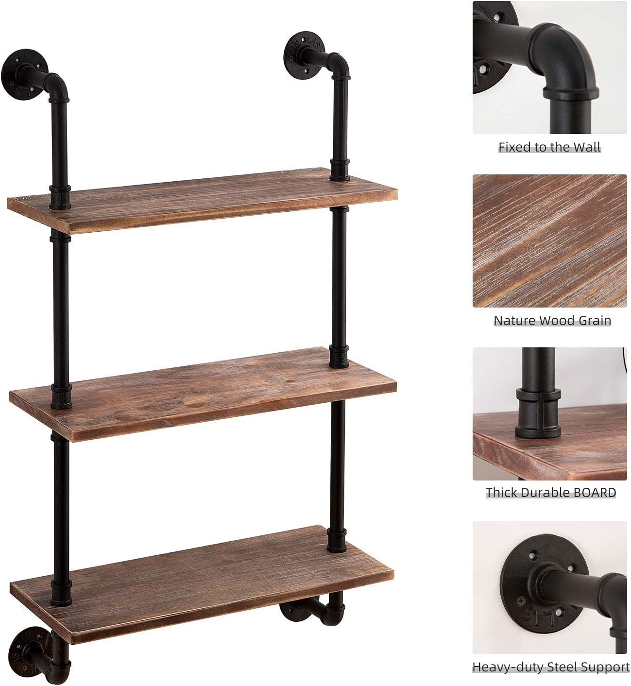 ROGMARS 3-Tier Floating Shelf - Real Pine Wood, Industrial Retro Style | 20x7.87x41.3in for Bathroom & Kitchen