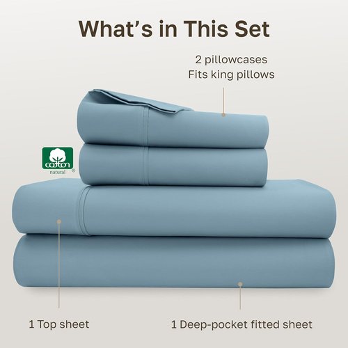 California Design Den King Size Bed Sheets Set - 100% Cotton, 400 Thread Count, Silky Smooth Sateen, Deep Pockets - Sky Blue