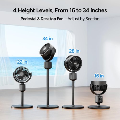DR.PREPARE Pedestal Fan - Adjustable Height 16-34" Air Circulator with 70° Oscillation & 3 Speeds for Home & Office
