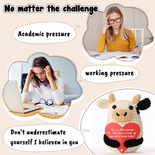 YUEYUQIU Mini Funny Inspirational Positive Crochet Cow Gifts - Thank You Appreciation Gift for Women Men Coworker Friends Teens Girl Teacher Mom - Handmade Small Cow Present for Christmas Birthday