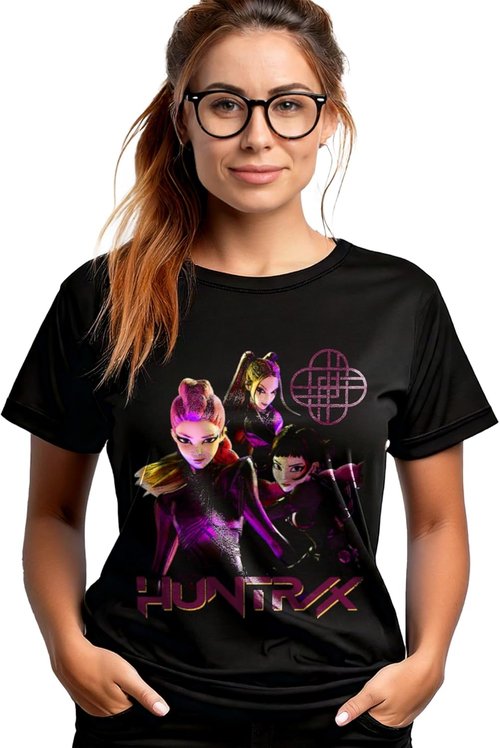 Huntrix Kpop Demon Hunters T-Shirt - Stronger Together Black Crew Neck Short Sleeve