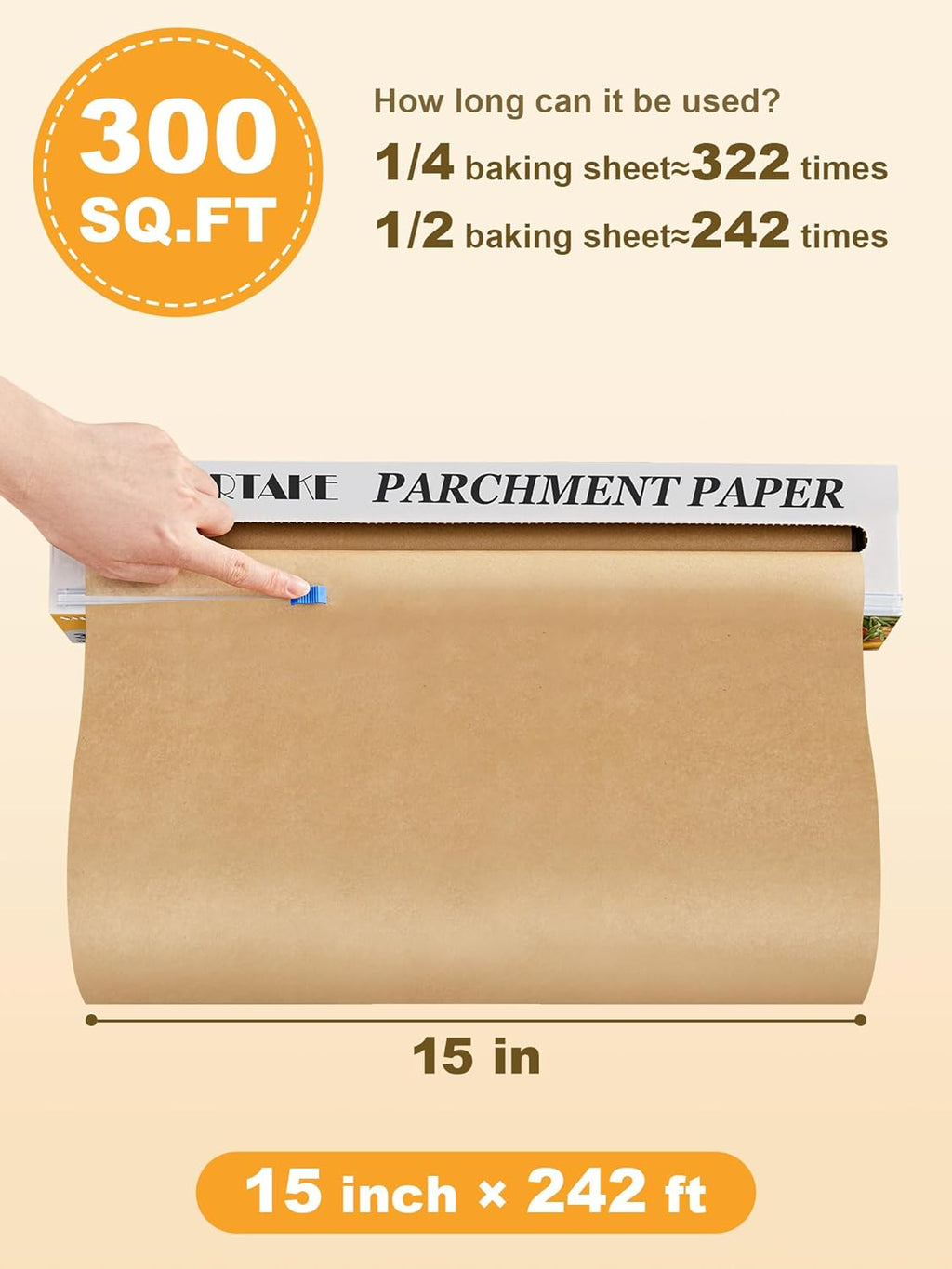 SMARTAKE Non-Stick Parchment Paper Roll - Heavy Duty 15" x 242 ft for Baking, Cooking & Grilling