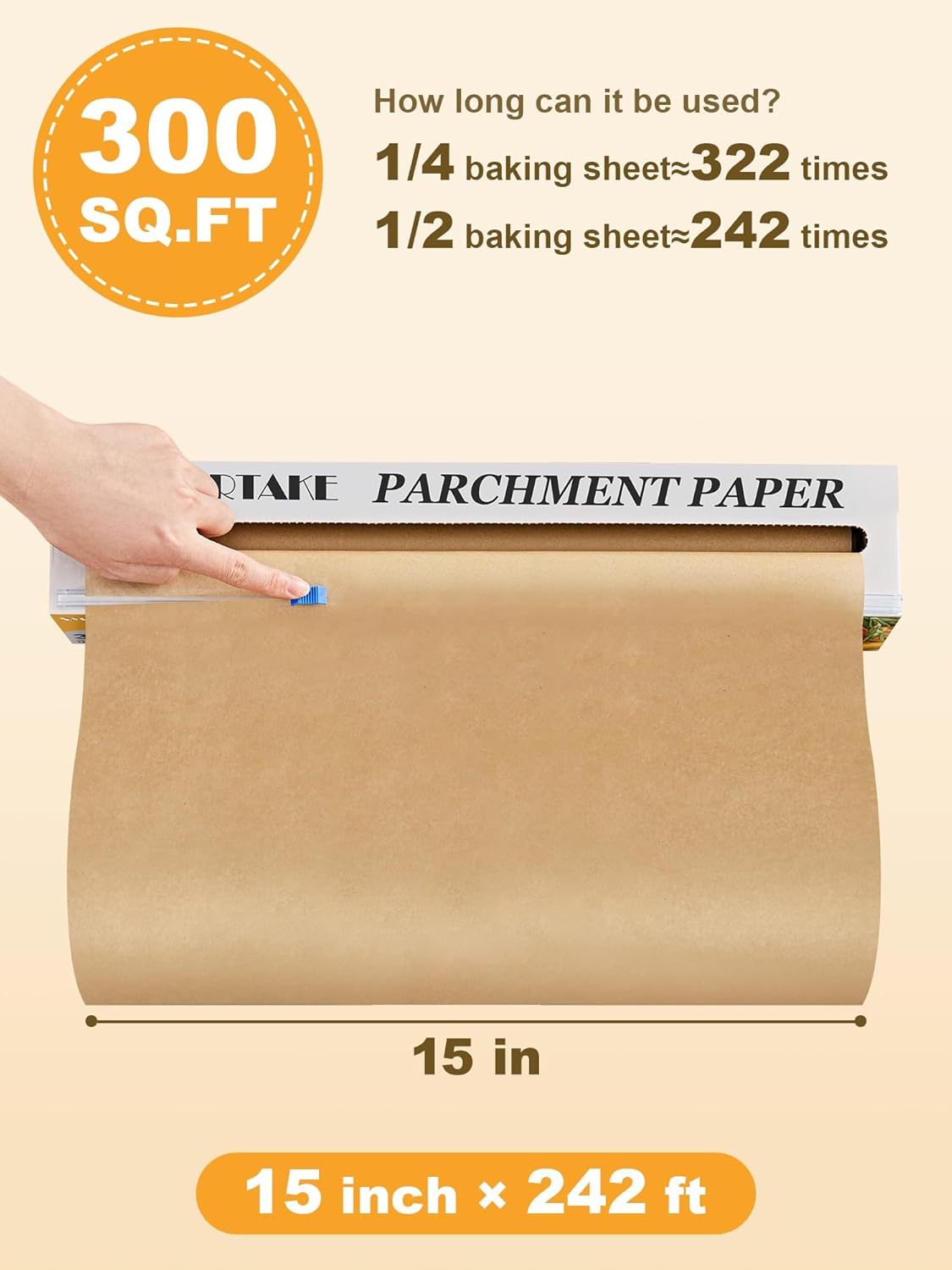 SMARTAKE Non-Stick Parchment Paper Roll - Heavy Duty 15" x 242 ft for Baking, Cooking & Grilling
