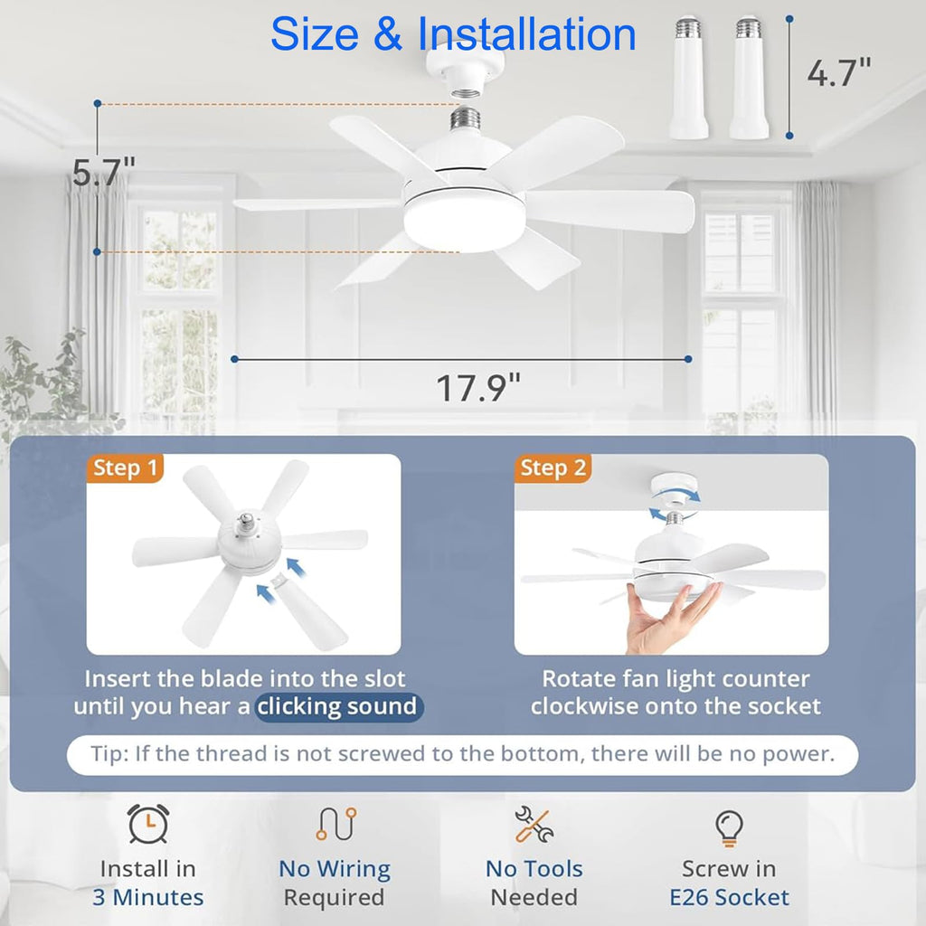 Socket Fan LED Ceiling Lights,18inch APP Control E26 Fans Bulb with Remote & Dimmable LED Ceiling Fan Lights,3Color 3000K-6500K,1800LM Fan Light Bulb Screw in Ceiling (White-2Pack)