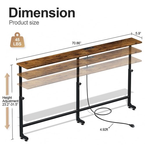 Faesun 70.9 Inch Behind Couch Table, 24"-32" Adjustable Height Range, Behind The Couch Table with Outlet, Adjustable Console Table, Narrow Long Sofa Table, for Living Room, Rustic Brown