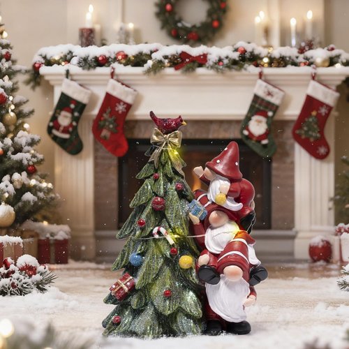 Hodao Christmas Tree Figurine Decorations — Lighted Hand-Painted Resin Gnomes Climbing with Cardinal, Tabletop Decor for Family or Friends | Mantel, Shelf, Living Room Display