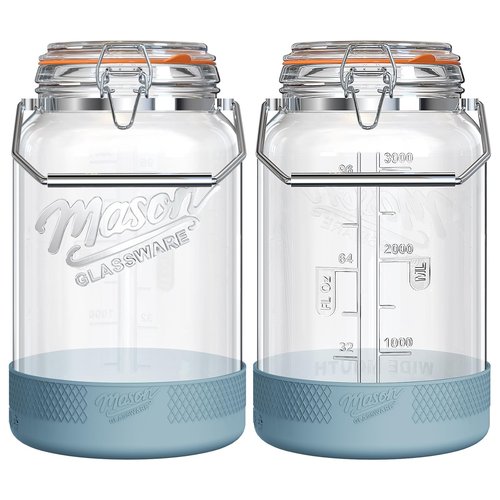 Dwbligt 2 Packs 1 Gallon Glass Jars with Airtight Lids, Wide Mouth Mason Jars with Clip Top & Stainless Steel Handle & Silicone Base, Glass Storage Containers for Kitchen Storage, Pickling-Dual Scale