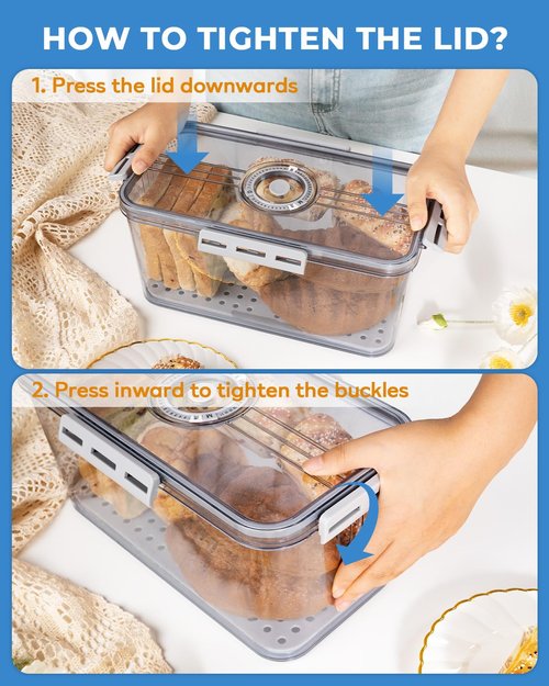 Dynta Bread Box 2 Pack Bread Storage Container Airtight Recording Time Bread Box for Kitchen Countertop Plastic Bread Keeper with Lid for Homemade Bread, Toast, Loaf, Cookies