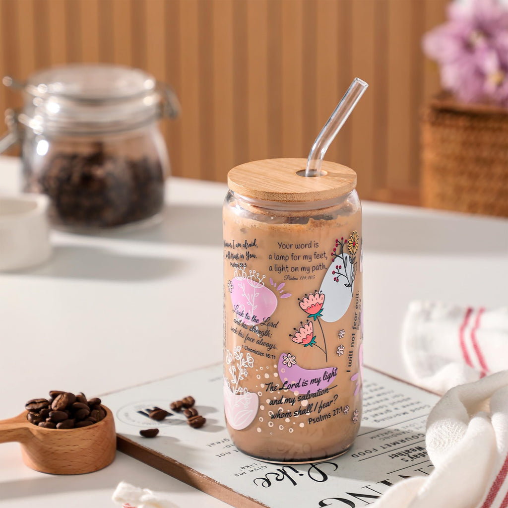Xelewooz Christian Gifts for Women – 16oz Bible Verse Coffee Mug, Daily Bible Affirmations Glass Tumbler with Straw – Inspirational Religious Coffee Cup for Birthday, Mother’s Day, or Faith Lovers