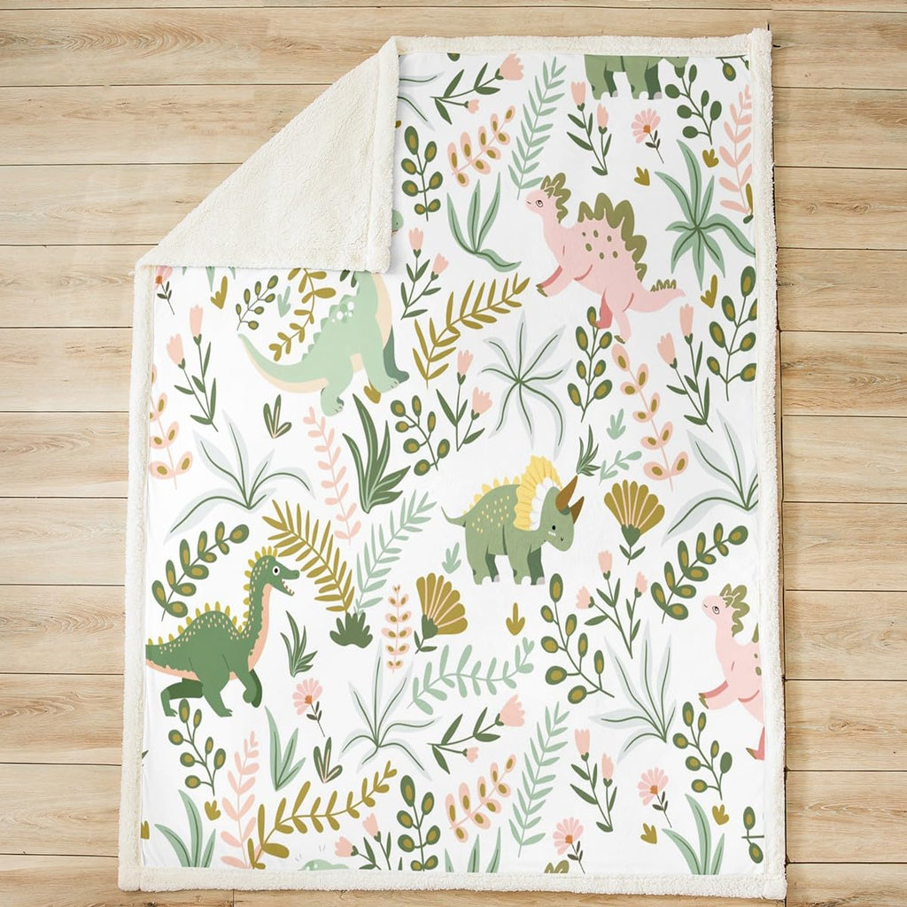 Castle Fairy Cute Dino Kids Plush Blanket,Kawaii Pink Green Dinosaur Bed Blanket Home Decor Gift,Cartoon Wildlife Floral Leaves Plant Modern Style Fuzzy Blanket Office Chair, X Size (40 x 50 Inch)